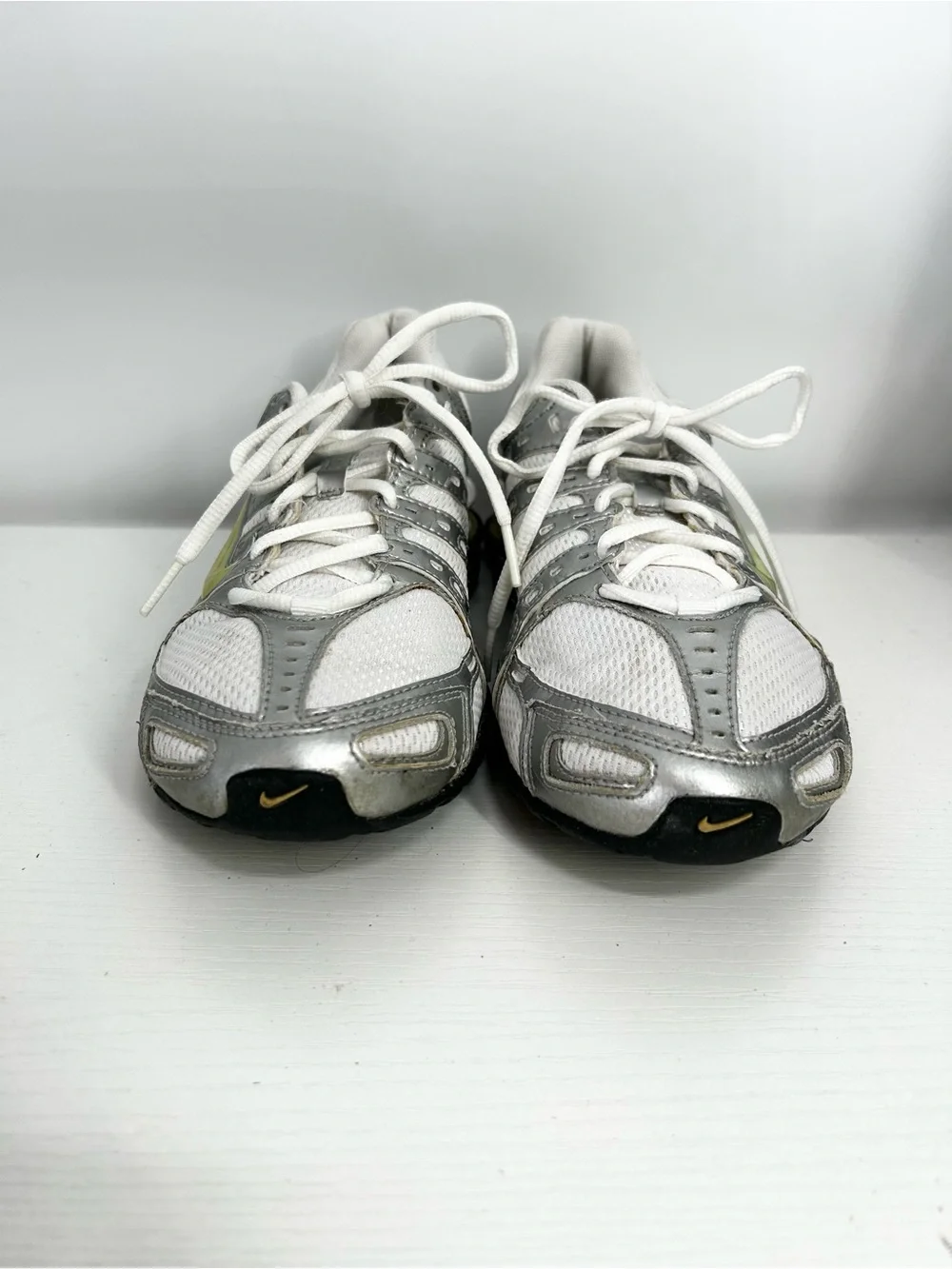Nike size 8 Women's White & Silver Running Shoes with Lime Accent